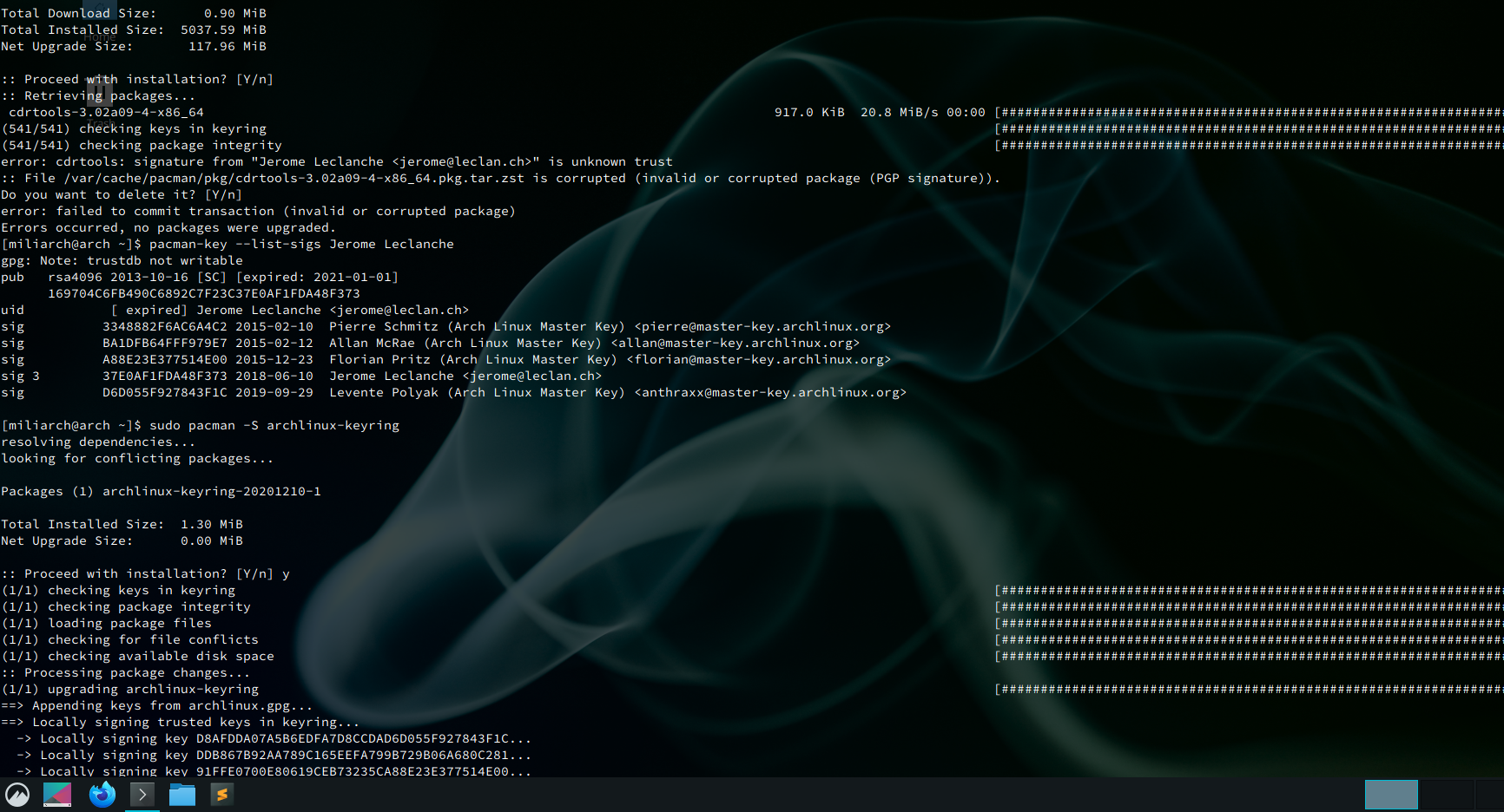 Neplatné podpisové klíče během aktualizace systému